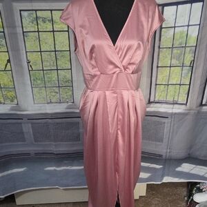 Satin Rose Pink V-Neck Midi Dress with Waistband